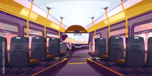 Cartoon school bus interior with driver inside. Empty seats in comfortable public transport, man steering wheel, destination indicated on digital screen. Passenger transportation. Vector illustration
