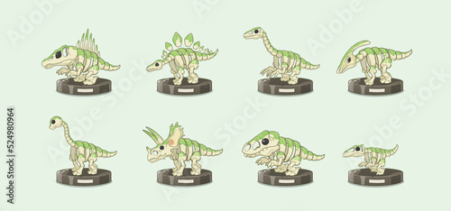 Set illustration of dinosaurs fossil, tyrannosaurus, pentaceratops, parasaurolophus, brachiosaurus, stegosaurus, therizinosaurus, velociraptor