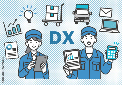 DX推進でタブレットやパソコンを持つ男女の作業員と物流（ロジスティクス）のアイコンのベクターイラスト素材／建築／IT／物流