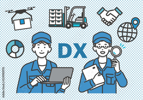 DX推進でタブレットやパソコンを持つ作業員と物流（ロジスティクス）のアイコンのベクターイラスト素材／建築／IT／物流