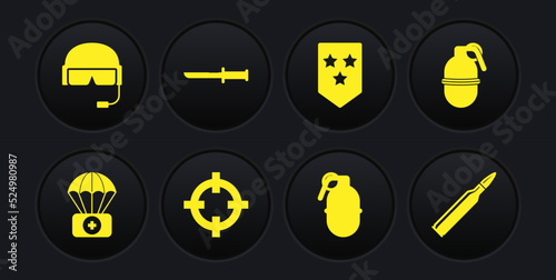 Set Parachute with first aid kit, Hand grenade, Target sport, Chevron, Military knife, Bullet and helmet icon. Vector