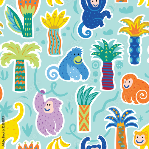 Seamless childish pattern with cute monkeys and palms. Vector illustration