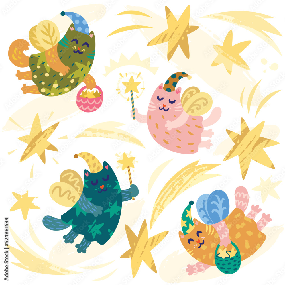 Fototapeta premium Fairy tale cats in magic caps with Magic wands. Vector illustration
