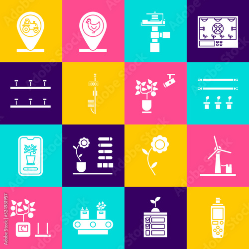 Set Portable sensor, Wind turbine, Smart farm with bulb and plant, Automatic irrigation sprinklers, Standalone, Tractor location and farming technology icon. Vector