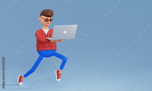 A cartoon character with a laptop in his hands runs trying to do everything. The concept of success. 3d illustration