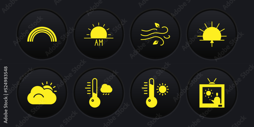 Set Sun and cloud, Sunrise, Meteorology thermometer, Wind, Weather forecast and Rainbow icon. Vector
