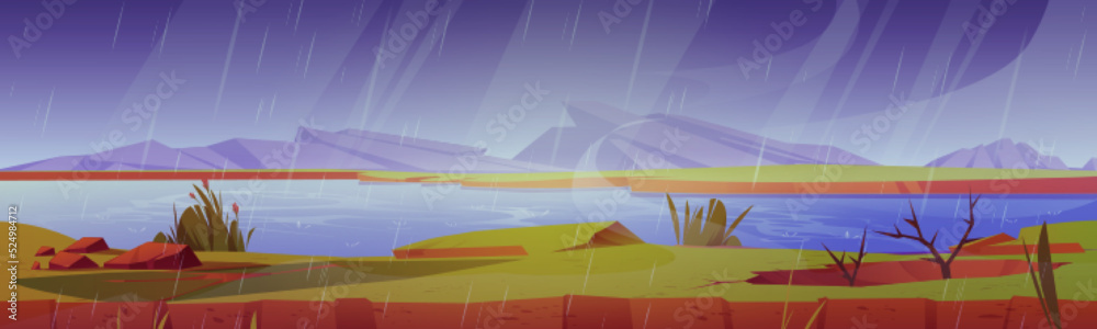 Rainy landscape with lake and mountains, cartoon illustration. Vector design of gloomy weather. Water dropping from grey sky on river surface, green grass, rocky hills on horizon. Natural background