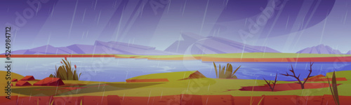 Rainy landscape with lake and mountains, cartoon illustration. Vector design of gloomy weather. Water dropping from grey sky on river surface, green grass, rocky hills on horizon. Natural background
