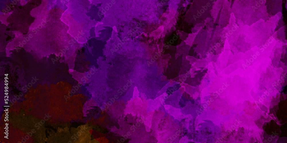 A Purple and black watercolor splash background. Paint stains with spots, blots, grains, splashes. Colorful wallpaper.