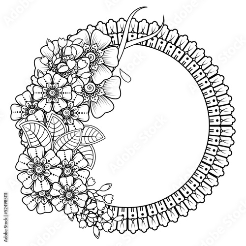 Mehndi flower for henna, mehndi, tattoo, decoration. Decorative ornament in ethnic oriental style, doodle ornament, outline hand draw. Coloring book page.