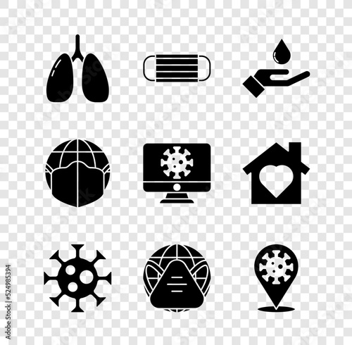 Set Lungs, Medical protective mask, Washing hands with soap, Virus, Earth medical, Corona virus 2019-nCoV on location, and statistics monitor icon. Vector