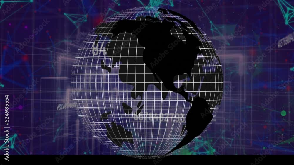 Animation of globe with numbers, geometric shapes on futuristic digital interface Animation of globe with numbers, geometric shapes on futuristic digital interface