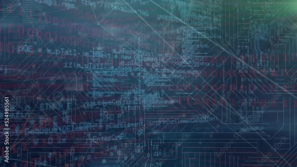 Animation of data processing with connecting dots, hud elements on digital interface Animation of data processing with connecting dots, hud elements on digital interface