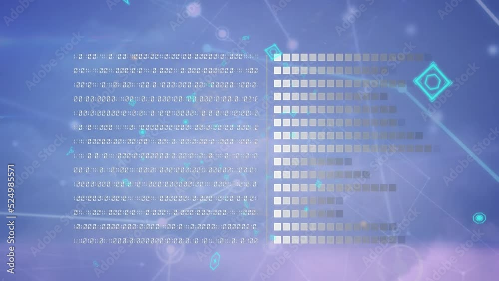 Animation of icons, volume bars, circles and dots interconnecting with lines and numbers Animation of icons, volume bars, circles and dots interconnecting with lines and numbers