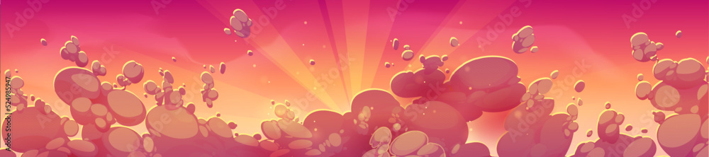 Sunset sky above clouds with sun rays on red and orange background. Fluffy cloudy panorama, peaceful atmosphere landscape with sunlight beams at evening, vector cartoon illustration