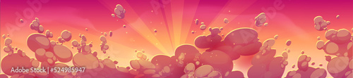 Sunset sky above clouds with sun rays on red and orange background. Fluffy cloudy panorama, peaceful atmosphere landscape with sunlight beams at evening, vector cartoon illustration