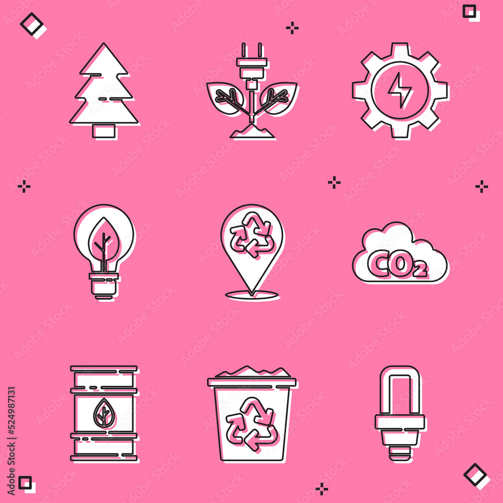 Set Christmas tree, Electric saving plug in leaf, Gear and lightning, Light bulb with, Recycle, CO2 emissions cloud, Bio fuel barrel and bin recycle icon. Vector Set Christmas tree, Electric saving plug in leaf, Gear and lightning, Light bulb with, Recycle, CO2 emissions cloud, Bio fuel barrel and bin recycle icon. Vector