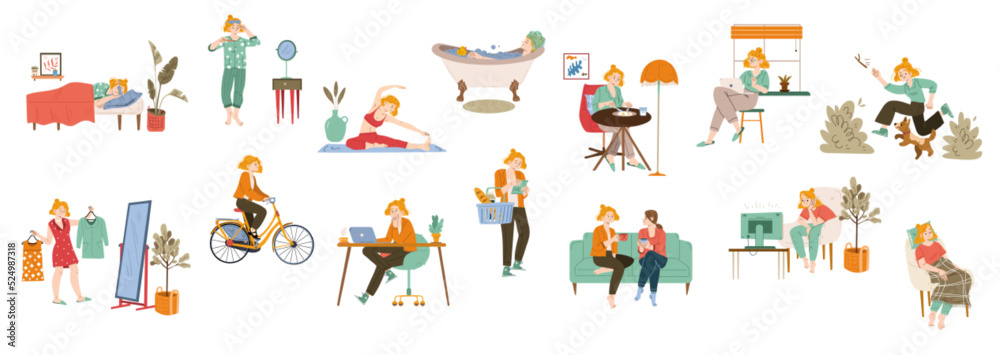 Woman daily routines and habits. Girl sleep, clean teeth, doing yoga, take bath, eat breakfast, walk with dog, choose clothes, ride on bike, work on laptop, shop, talk with friend and relax in chair