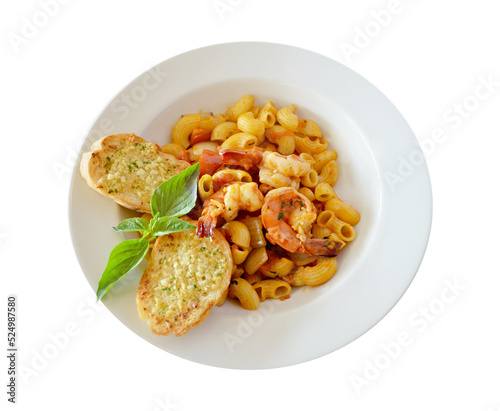  top view macaroni served with garlic bread