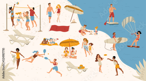 Summer sea beach with people swim on surf and paddle boards, parasailing, play volleyball, tennis and walking. Vector flat illustration of rest and leisure activities on resort vacation