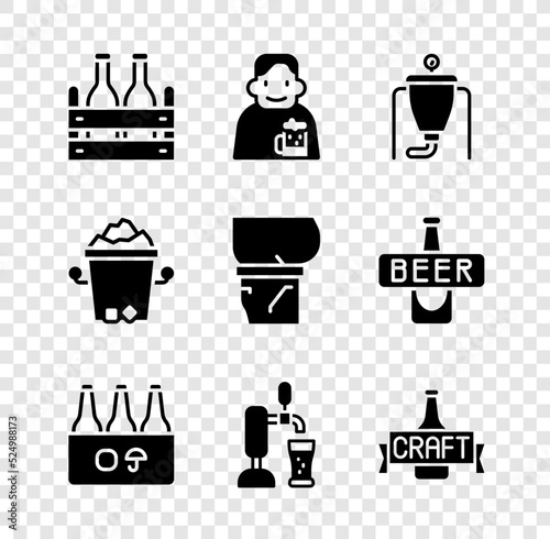 Set Pack of beer bottles, Happy man with, Beer brewing process, tap glass, Ice bucket and belly icon. Vector