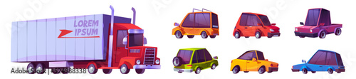 Modern cars and truck, motor vehicles in front, side and back view. Automobiles with sedan and hatchback cab, lorry with container isolated on white background, vector cartoon set