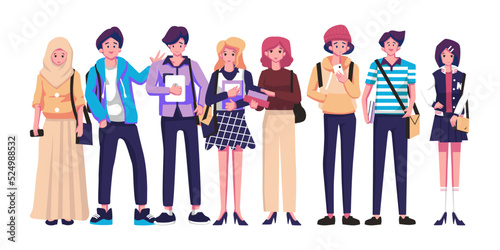 Photos Group of happy university students with study books and gadgets