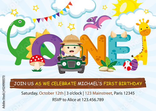 First Birthday Invitation with cute boy and friends in the jungle