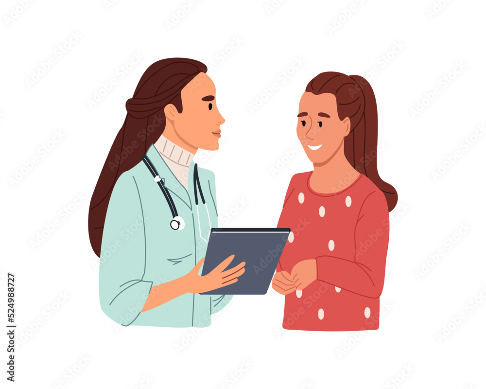 Smiling young female doctor talking to female patient using tablet on consultation. Colored flat vector illustration isolated on white background Smiling young female doctor talking to female patient using tablet on consultation. Colored flat vector illustration isolated on white background