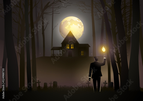 Man with a torch gets lost in the woods and finds a scary hut