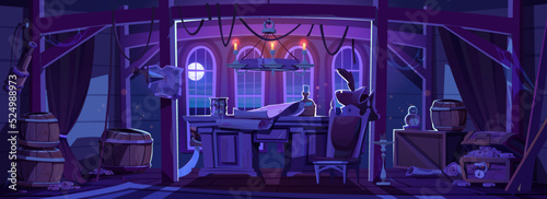 Pirate ship cabin at night. Empty captain room interior with old wooden table, chair, barrels, treasure chest with gold coins, map, rum bottle, dagger and candles, vector cartoon illustration
