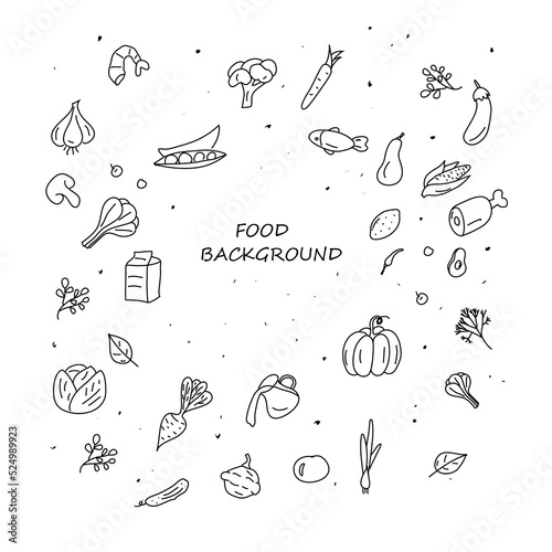 Doodle vegetables and fruits isolated on the whiteboard. The hand-drawn health product set