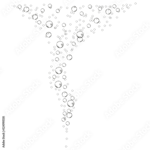 Underwater bubbles of fizzing soda. Streams of air. Dissolving tablets. Realistic oxygen pop in effervescent drink. Vector sparkles on white background.