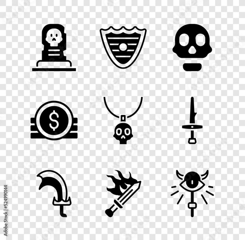 Set Grave with tombstone, Shield, Skull, Sword for game, Magic staff, Ancient coin and Necklace amulet icon. Vector