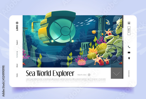 Sea world explorer cartoon landing page. Underwater landscape with submarine, sunken sculptures, fish, corals, marine plants and animals. Tropical ocean bottom scene with bathyscaphe Vector web banner
