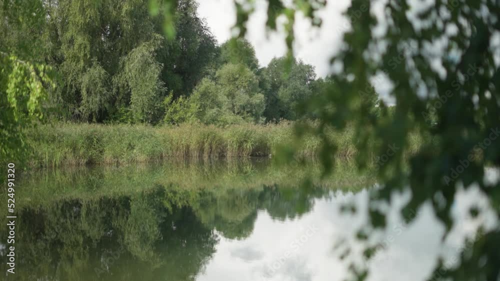 An old abandoned lake outside the city. A warm summer and windless day. The camera descends smoothly. Beautiful landscape. Trees and bushes on the shore. Lots of greenery. An old abandoned lake outside the city. A warm summer and windless day. The camera descends smoothly. Beautiful landscape. Trees and bushes on the shore. Lots of greenery.