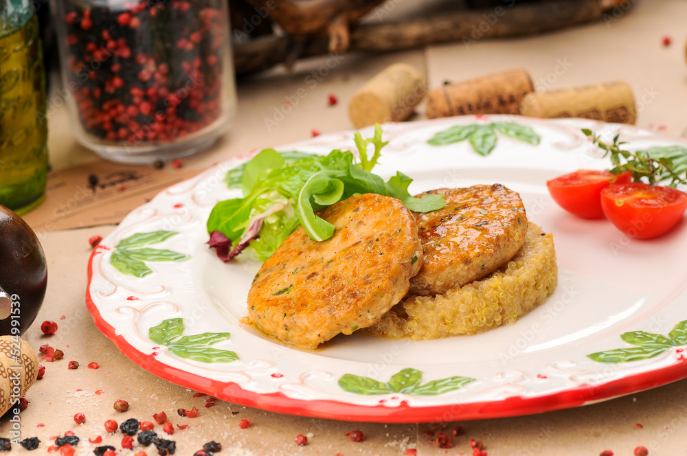 fish cutlets with porridge in a plate
fish cutlets with porridge in a plate
