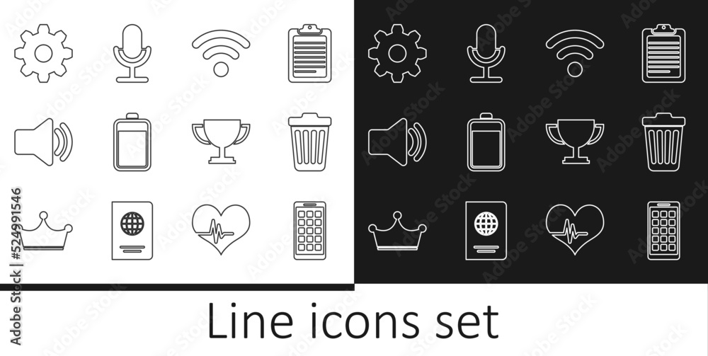 Set line Mobile Apps, Trash can, Wi-Fi wireless network, Battery, Speaker volume, Cogwheel gear settings, Trophy cup and Microphone icon. Vector