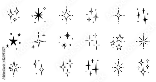 Line star glitter shine of doodle set. Star shine glow  spark glitter  sparkle light vector illustration. Hand drawn sketch doodle style..