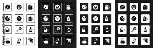 Set Tea time, Cookie or biscuit, Cigarette, Cup of tea with leaf, French press and lemon icon. Vector
