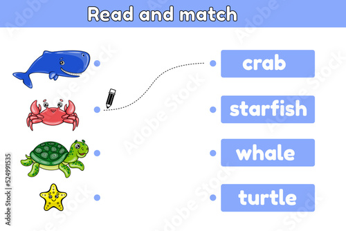 Educational game for kids. Read, match pictures and words. Learning english vocabulary for preschool. Vector illustration.