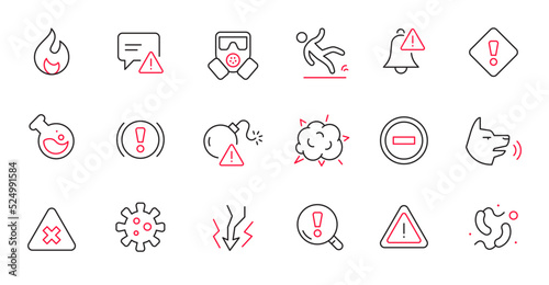 Danger biohazard line icon set. Fire danger, toxic, chemical radiation sign. Virus, bomb, gas mask alert symbol. Thin line editable stroke sign. Vector illustration.