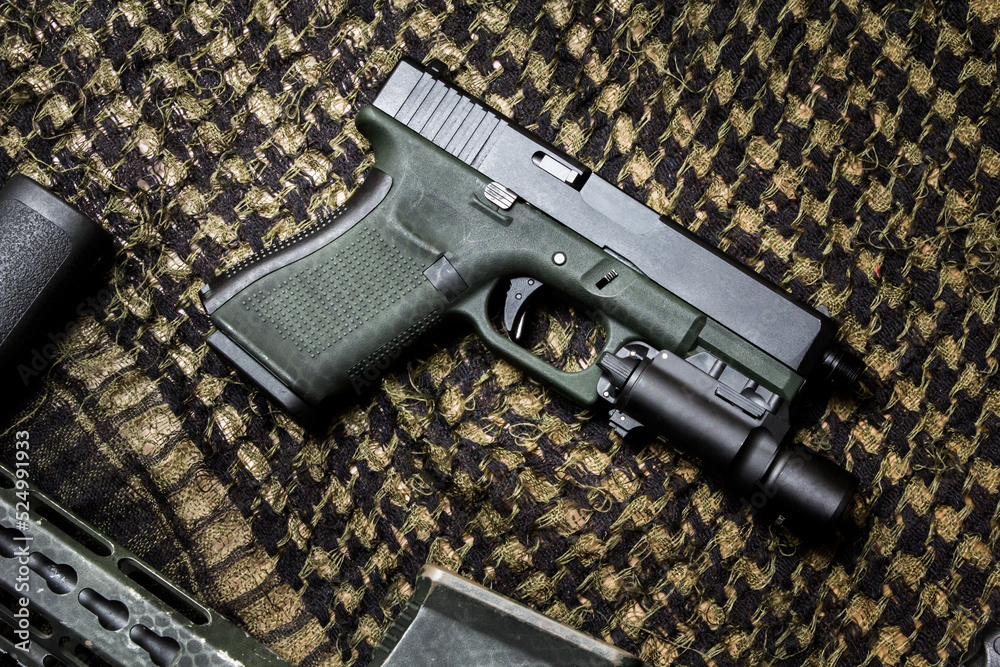 Chonburi, THAILAND Augest 22 2022 Glock 19 gen4 and gen5 model, Glock polymer pistol and