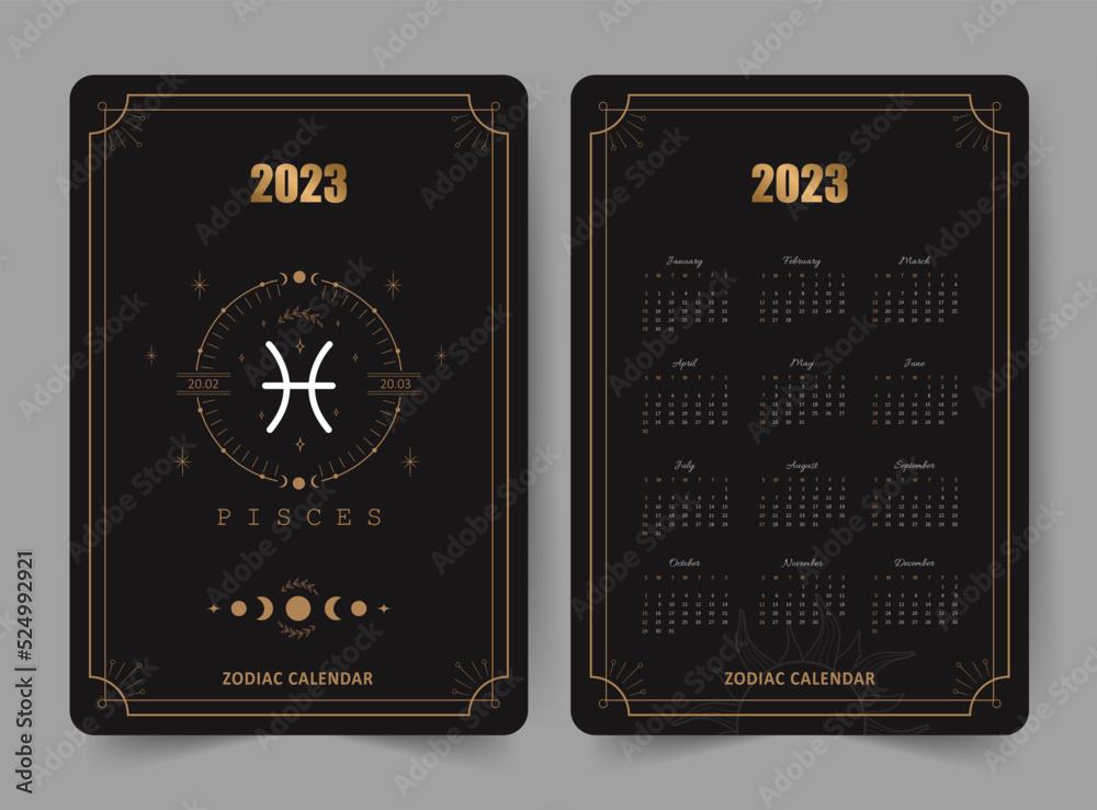 Zodiac pisces calendar 2023. Pocket size. Front and back sides. Week