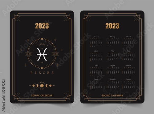 Zodiac pisces calendar 2023. Pocket size. Front and back sides. Week starts on sunday. Astrological vector template ready to print. Vertical layout in English with horoscope sign.