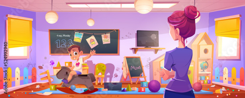 Kid making mess in room, mother rear view look on naughty hyperactive child playing. Little boy riding wooden horse at home interior with scatter toys and painted walls Cartoon vector illustration