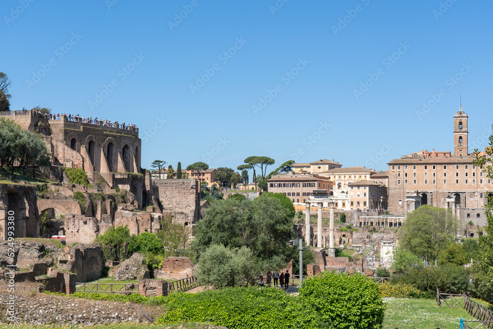 General view of Foro Romano (excavated area of ​​Roman temples, squares & government buildings) in Rome