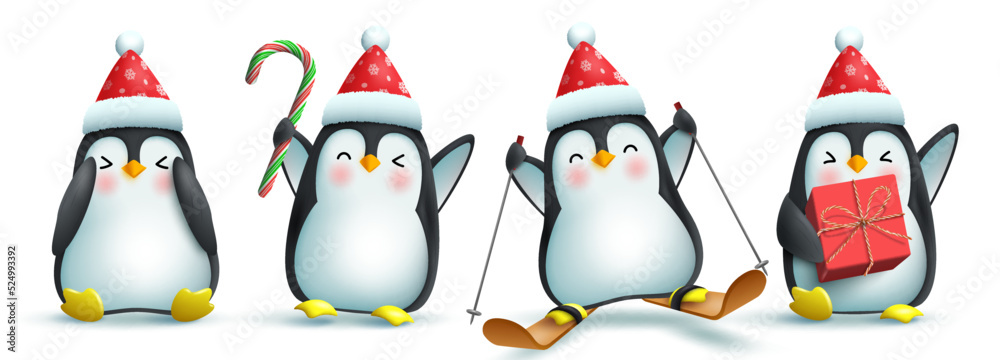 Penguin christmas characters vector set. Penguin 3d character in cute ...