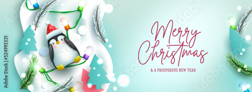 Christmas winter vector background design. Merry christmas greeting text with cute penguin, lights and leaves element for xmas happy holiday messages. Vector illustration.
