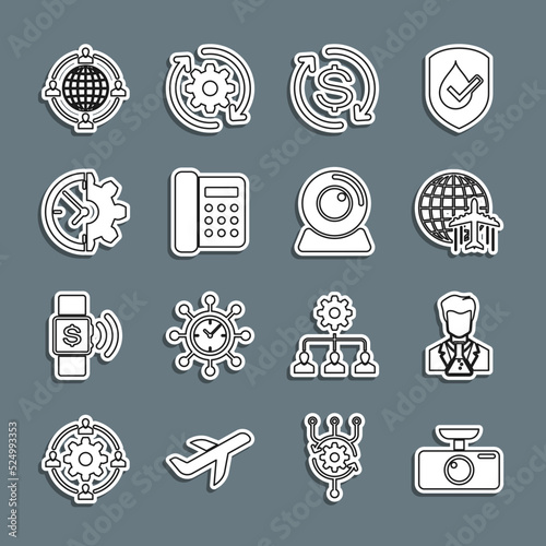 Set line Car DVR, Scientist and test tube, Globe with flying plane, Return of investment, Telephone, Clock gear, Outsourcing concept and Web camera icon. Vector